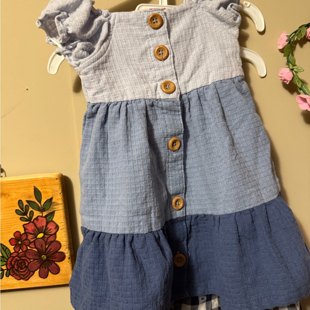 Blue and White Kids Dress with Wooden Buttons &
Checkerboard tank style dress